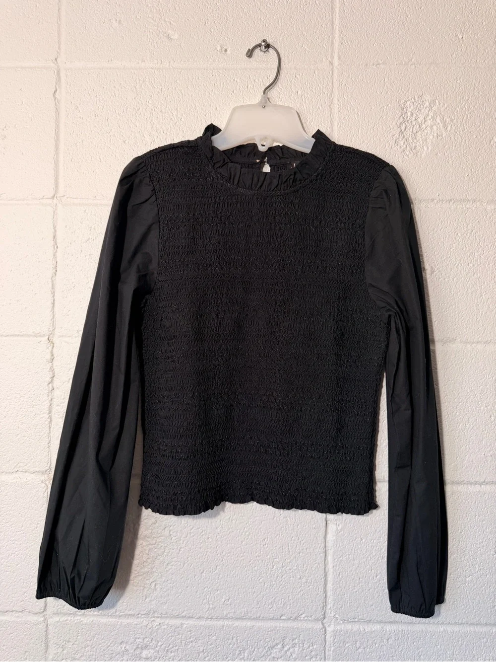 J. Crew Black Smocked Long-Sleeve Top